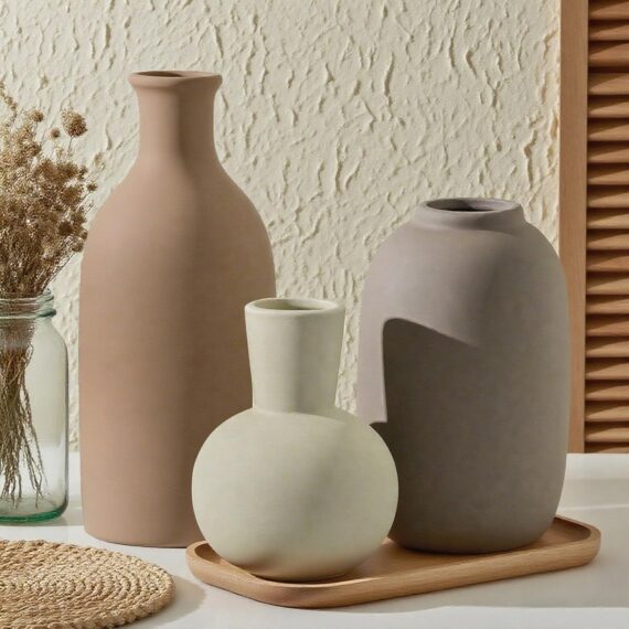 Set of 3 Brown Ceramic Vases for Home Decor