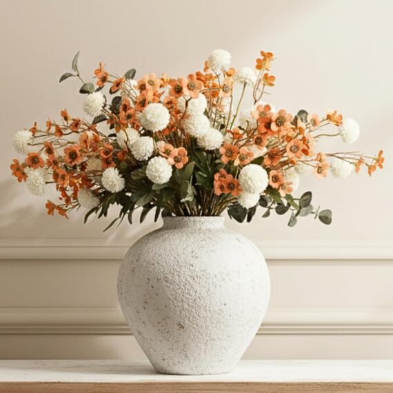10 Stems Beige Artificial Mums with Eucalyptus