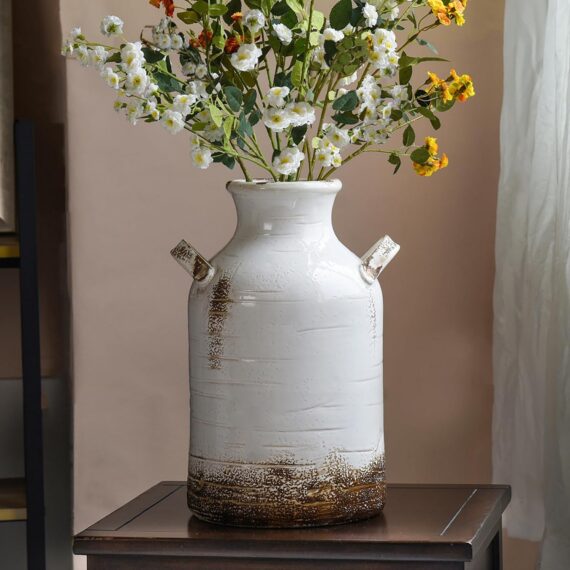 Rustic White Ceramic Farmhouse Vase for Home Decor